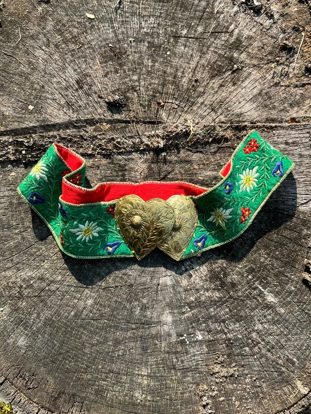 Vintage Handmade Austrian Edelweiss Floral Embroidered Belt Metal Heart Buckle